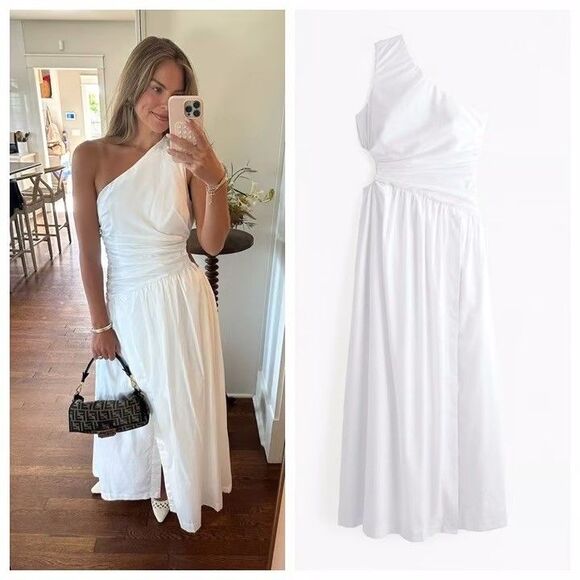 Abercrombie & Fitch Maxi Dress Size XL White One Shoulder Cutout High Slit - Picture 1 of 7